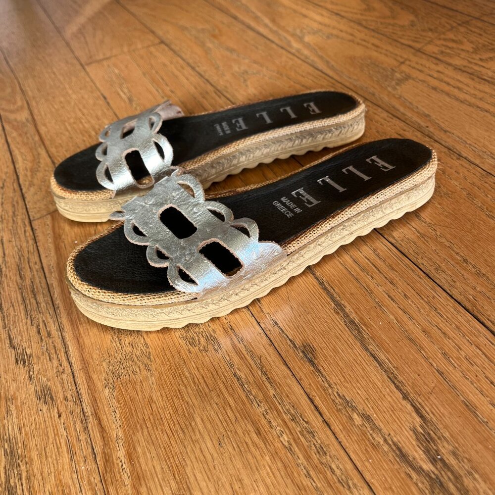 Greek Scalloped Textured Leather Slide Sandals Brand New, Size 38
